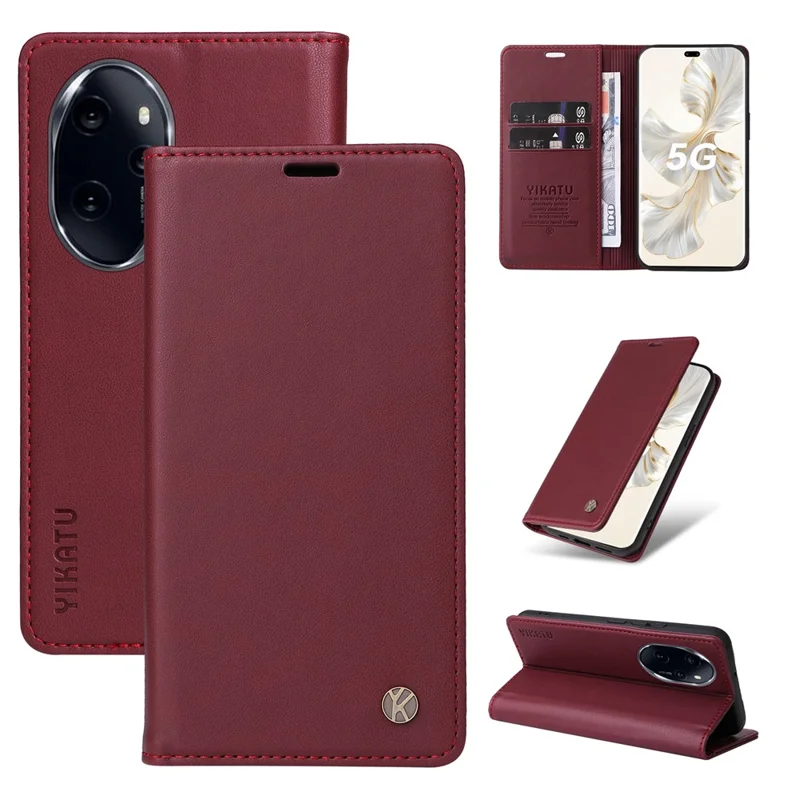 YIKATU YK-001 For Honor 100 Pro 5G Cell Phone Case Well-protected Folio Flip Leather Cover - Wine Red