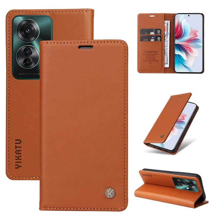 YIKATU YK-001 For Oppo Reno11 F 5G Slim Cover Magnetic Closing Leather Phone Shell - Brown
