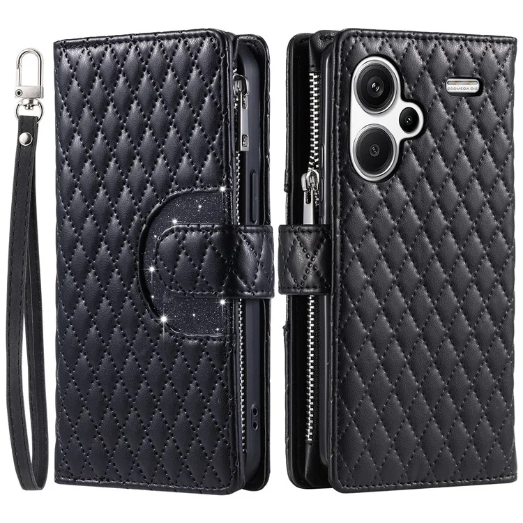 Style 012 para Xiaomi Redmi Note 13 Pro+ 5G Zipper Wallet Case Rhombus PU Leather Anti-drop Cover - Preto