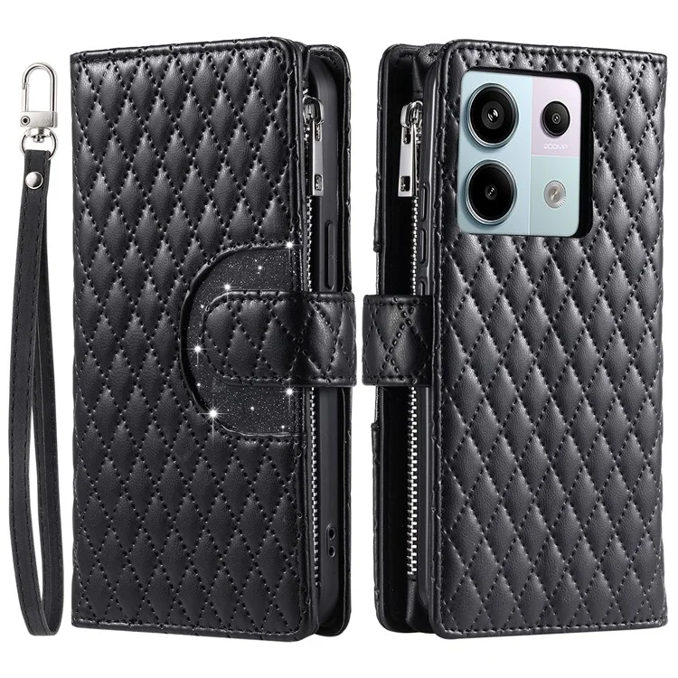 Style 012 for Xiaomi Redmi Note 13 Pro 5G / Poco X6 5G Zipper Wallet Case Rhombus PU Leather Phone Cover - Black