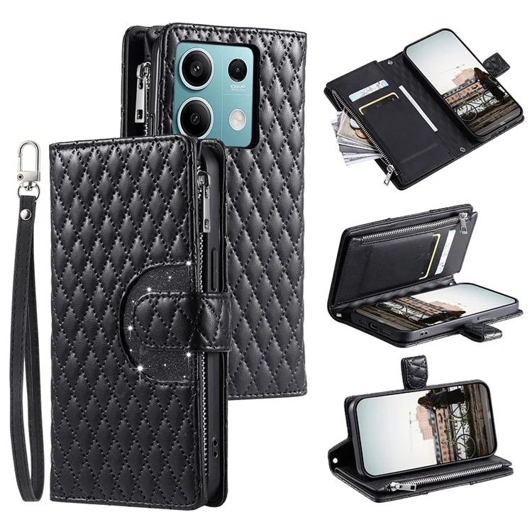 Estilo 012 para Xiaomi Redmi Note 13 4G Leather Wallet Case Rhombus Zipper Pocket Phone Cover - Preto