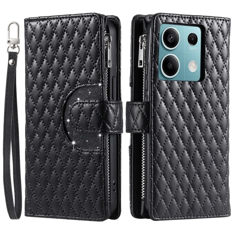Estilo 012 para Xiaomi Redmi Note 13 4G Leather Wallet Case Rhombus Zipper Pocket Phone Cover - Preto