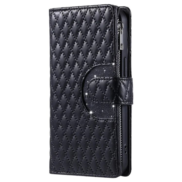 Estilo 012 para Xiaomi Redmi Note 13 4G Leather Wallet Case Rhombus Zipper Pocket Phone Cover - Preto