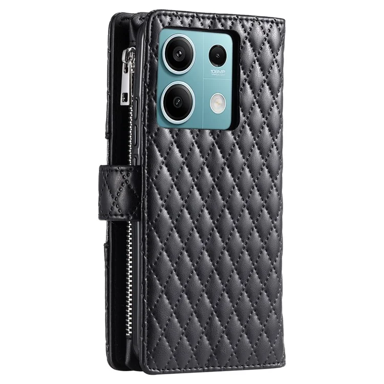 Estilo 012 para Xiaomi Redmi Note 13 4G Leather Wallet Case Rhombus Zipper Pocket Phone Cover - Preto