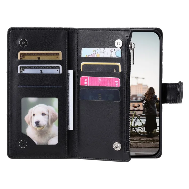 Estilo 012 para Xiaomi Redmi Note 13 4G Leather Wallet Case Rhombus Zipper Pocket Phone Cover - Preto