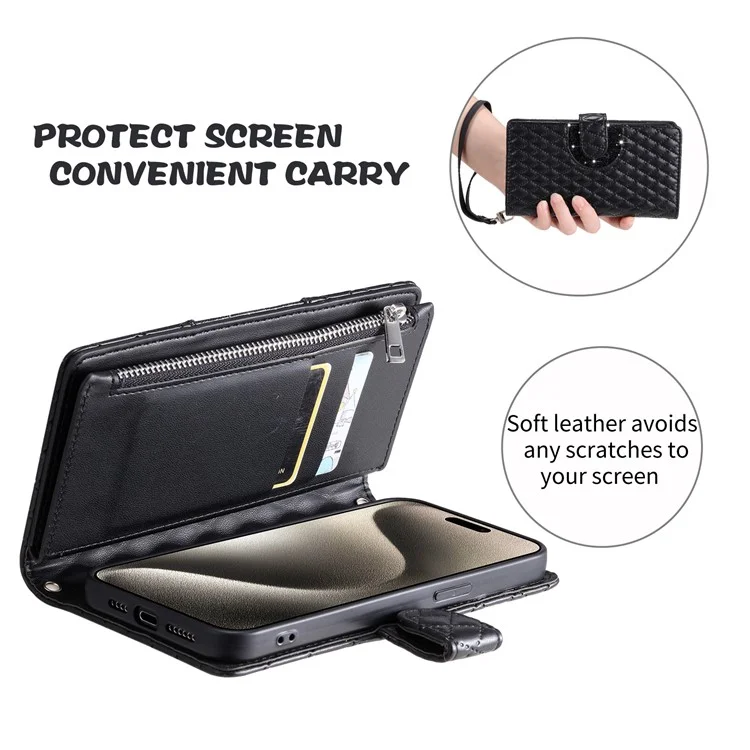Estilo 012 para Xiaomi Redmi Note 13 4G Leather Wallet Case Rhombus Zipper Pocket Phone Cover - Preto
