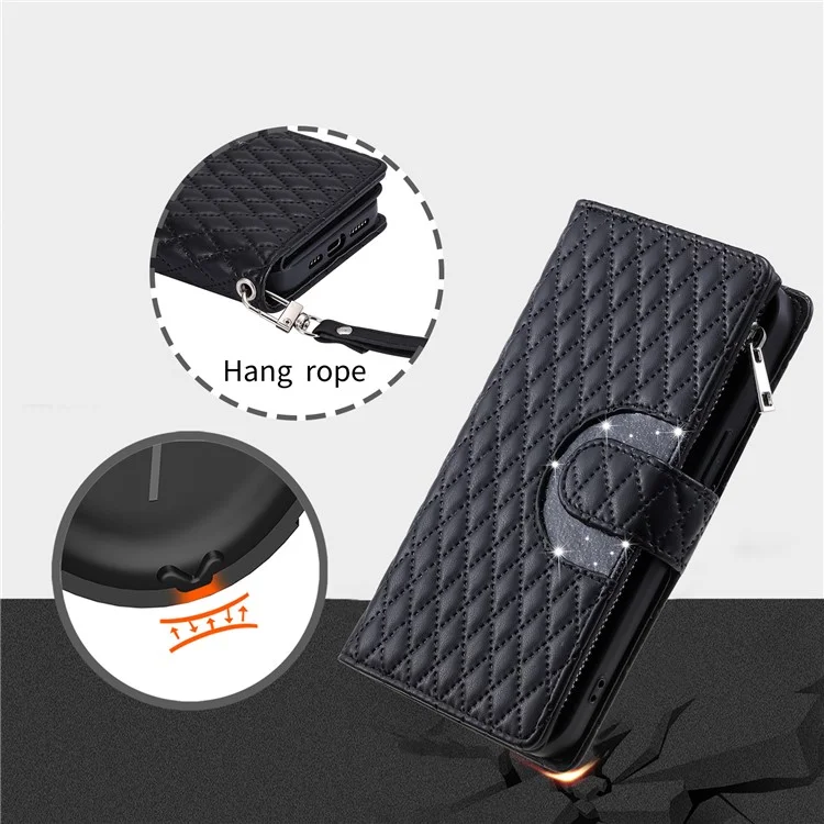 Estilo 012 para Xiaomi Redmi Note 13 4G Leather Wallet Case Rhombus Zipper Pocket Phone Cover - Preto