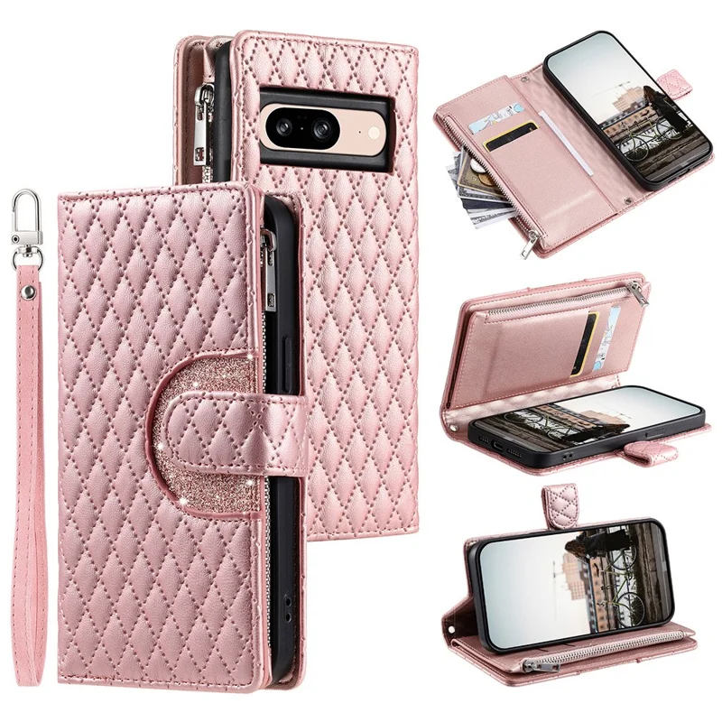 Style 012 for Google Pixel 8 Wallet Case Rhombus PU Leather Shockproof Phone Cover - Rose Gold
