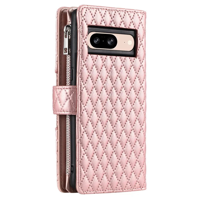 Style 012 for Google Pixel 8 Wallet Case Rhombus PU Leather Shockproof Phone Cover - Rose Gold