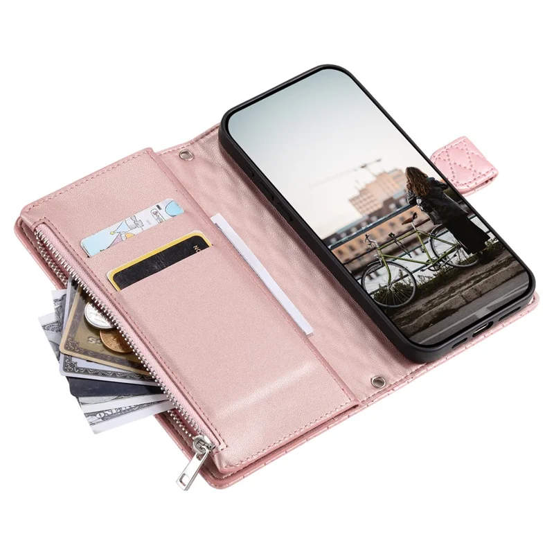 Style 012 for Google Pixel 8 Wallet Case Rhombus PU Leather Shockproof Phone Cover - Rose Gold