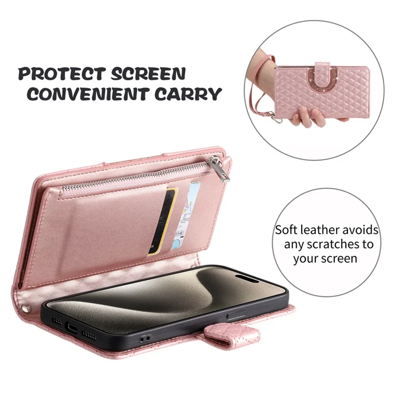 Style 012 for Google Pixel 8 Wallet Case Rhombus PU Leather Shockproof Phone Cover - Rose Gold