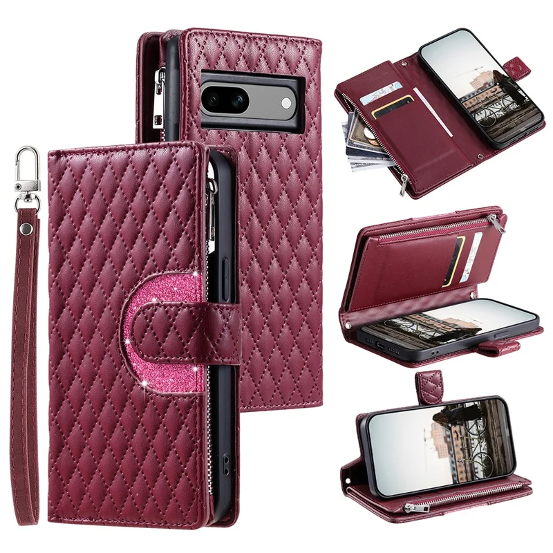 Style 012 for Google Pixel 8a Case Leather Glitter Design Phone Cover with Card Slots - Wine Red