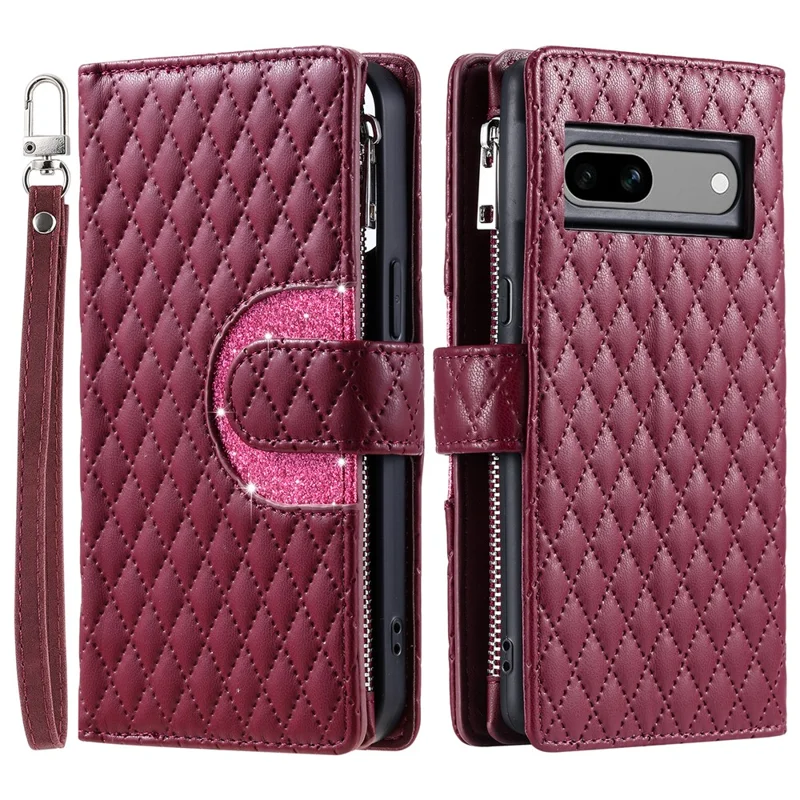 Style 012 for Google Pixel 8a Case Leather Glitter Design Phone Cover with Card Slots - Wine Red