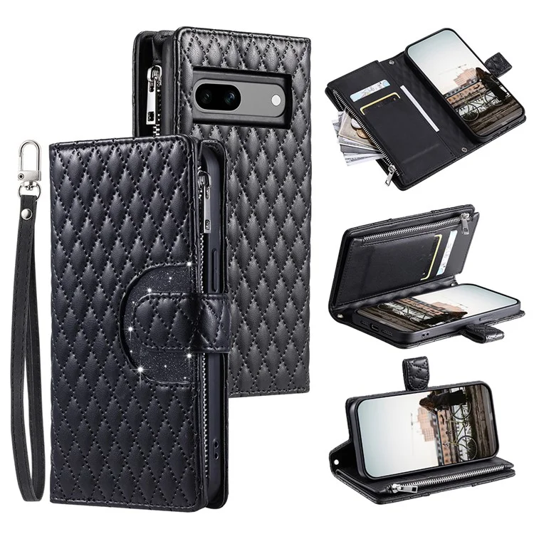 Style 012 para Funda de Google Pixel 7a Bolsillo con Cremallera Romboidal de Cuero PU Antiabrasión - Negro