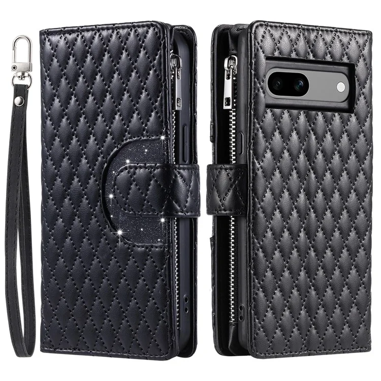 Style 012 para Funda de Google Pixel 7a Bolsillo con Cremallera Romboidal de Cuero PU Antiabrasión - Negro