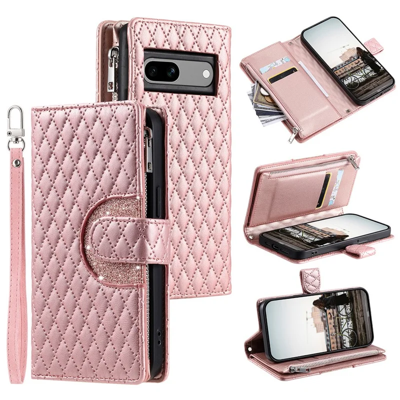 Style 012 for Google Pixel 7a Case Rhombus Zipper Pocket PU Leather Anti-drop Phone Cover - Rose Gold