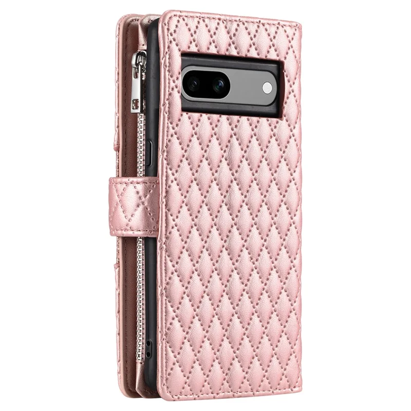 Style 012 for Google Pixel 7a Case Rhombus Zipper Pocket PU Leather Anti-drop Phone Cover - Rose Gold