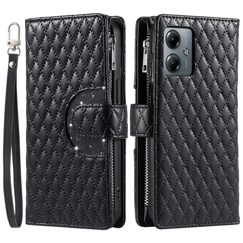 Style 012 for Motorola Moto G14 4G PU Leather Phone Cover Glitter Powder Zipper Wallet Case with Straip - Black