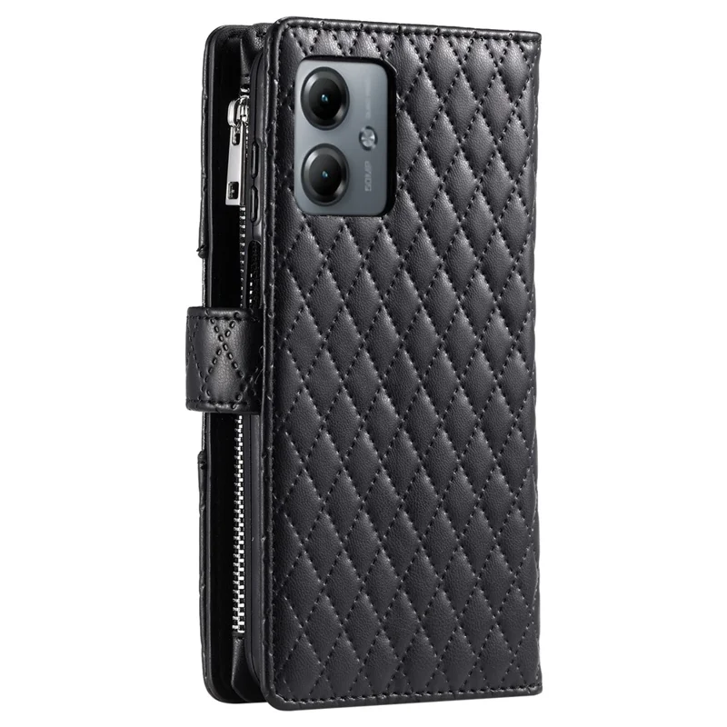Style 012 for Motorola Moto G14 4G PU Leather Phone Cover Glitter Powder Zipper Wallet Case with Straip - Black