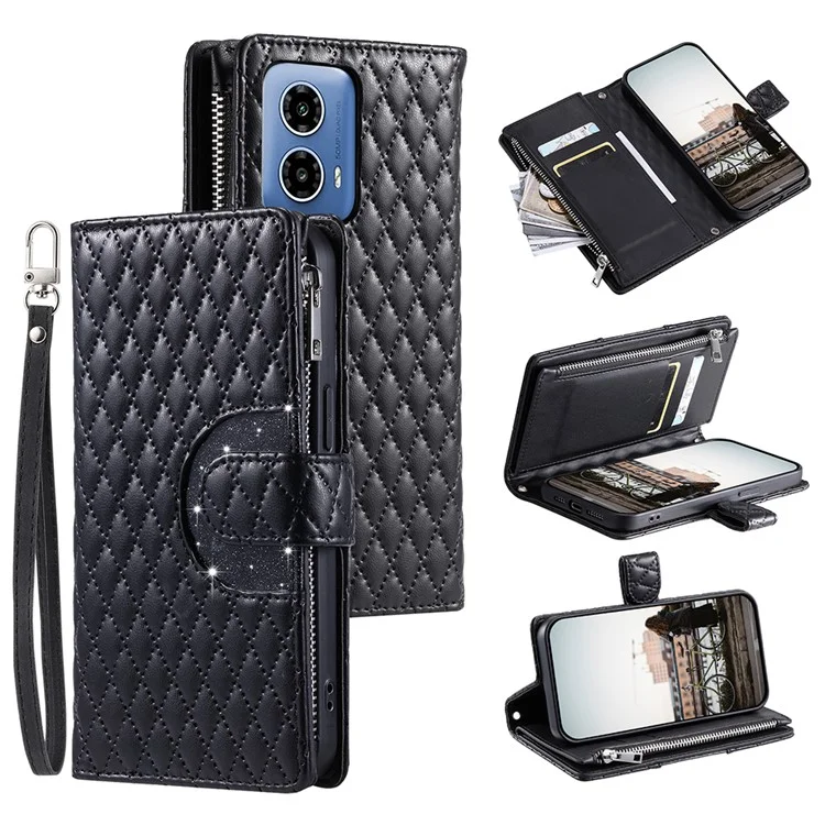 Style 012 per Motorola Moto G45 5G / G34 5G Custodia a Portafoglio con Cerniera Wallet Case Rhombus Folding Stand Custodia in Pelle per Telefono - Nero
