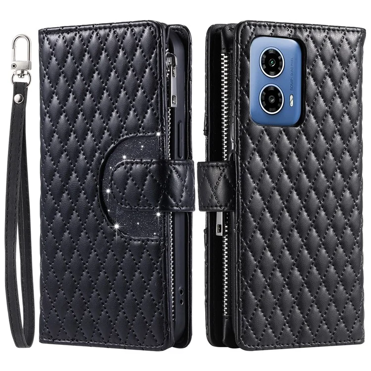 Style 012 per Motorola Moto G45 5G / G34 5G Custodia a Portafoglio con Cerniera Wallet Case Rhombus Folding Stand Custodia in Pelle per Telefono - Nero
