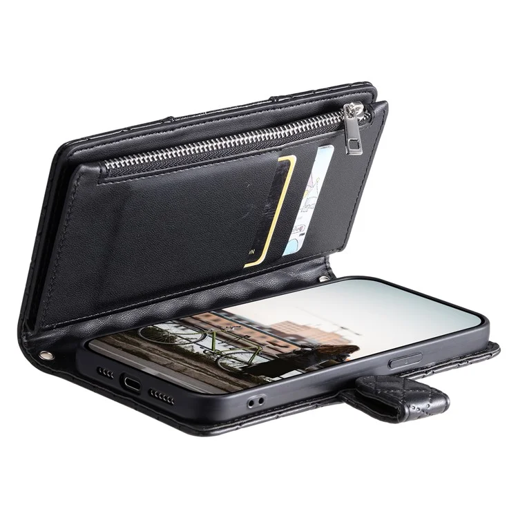 Style 012 per Motorola Moto G45 5G / G34 5G Custodia a Portafoglio con Cerniera Wallet Case Rhombus Folding Stand Custodia in Pelle per Telefono - Nero