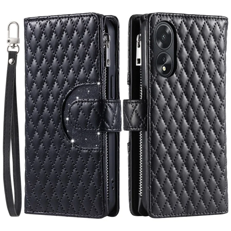 Style 012 für Oppo A38 4G / A18 4G Reißverschluss-Wallet-Cover Glitter Powder Phone Protective Case mit Riemen - Schwarz