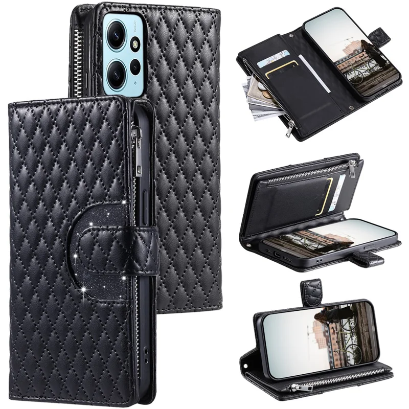 Style 012 for Xiaomi Redmi Note 12 4G Case Leather Phone Cover with Zipper Wallet Stand - Black
