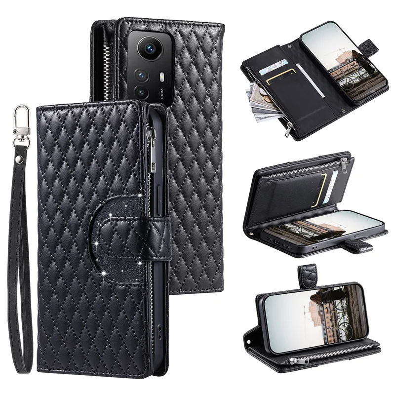 Style 012 for Xiaomi Redmi Note 12S 4G Zipper Wallet Case Anti-Drop Rhombus PU Leather Phone Cover - Black