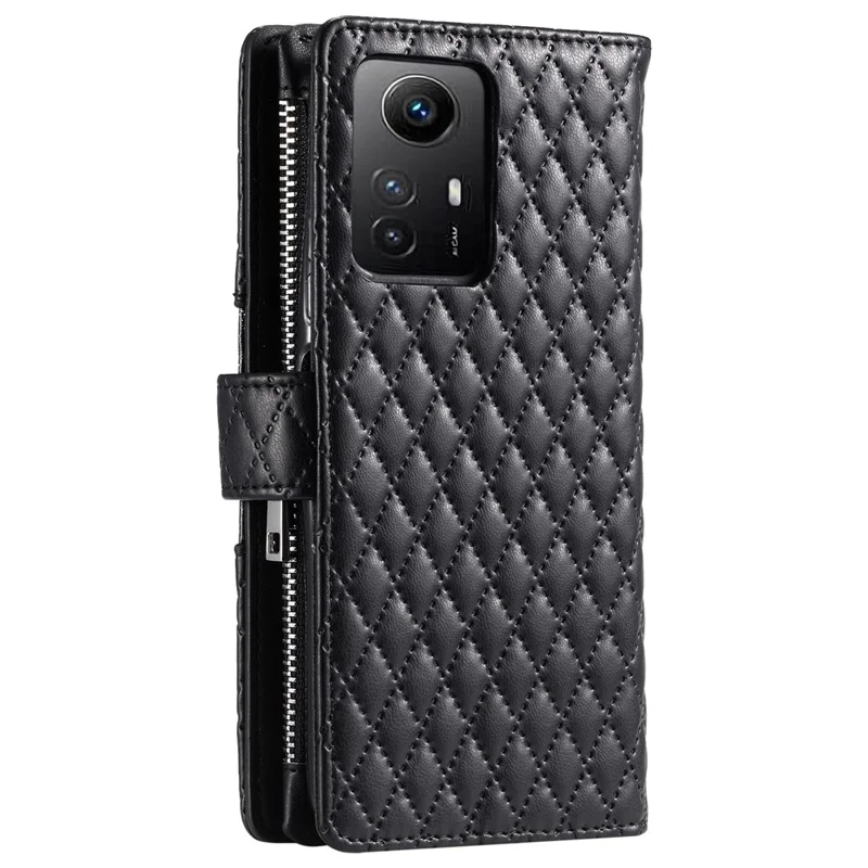 Style 012 for Xiaomi Redmi Note 12S 4G Zipper Wallet Case Anti-Drop Rhombus PU Leather Phone Cover - Black