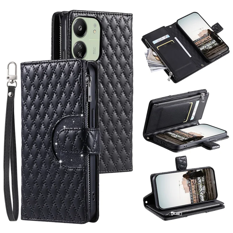 Style 012 for Xiaomi Redmi 13C 4G / 13C 5G / 13R 5G / Poco M6 5G / Poco C65 4G Case Glitter Design Wallet Phone Cover with Wrist Strap - Black
