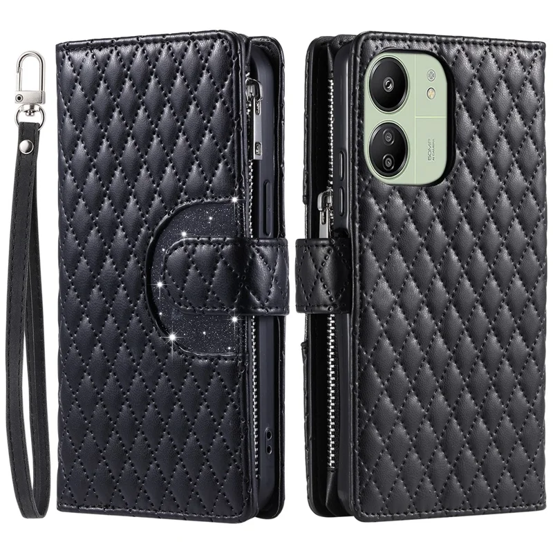 Style 012 for Xiaomi Redmi 13C 4G / 13C 5G / 13R 5G / Poco M6 5G / Poco C65 4G Case Glitter Design Wallet Phone Cover with Wrist Strap - Black