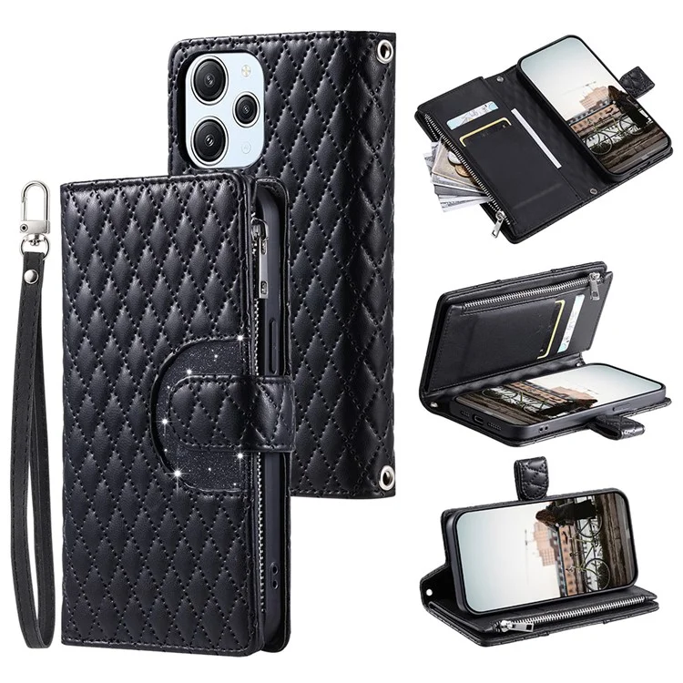 Style 012 pour Xiaomi Redmi 12 4G / 5G (Global) / Poco M6 Pro 5G Étui Rhombus Zipper Leather Phone Cover - Noir