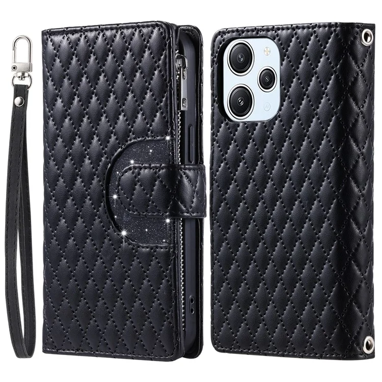 Style 012 pour Xiaomi Redmi 12 4G / 5G (Global) / Poco M6 Pro 5G Étui Rhombus Zipper Leather Phone Cover - Noir