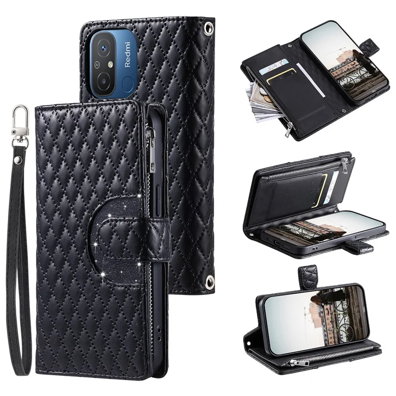 Style 012 für Xiaomi Redmi 12C 4G / 11A 4G Hülle Glitzer PU-Leder Reißverschlusstaschen Handyhülle - Schwarz