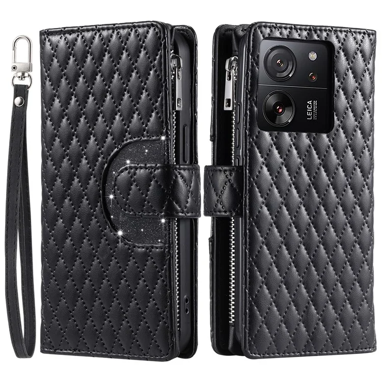 Style 012 für Xiaomi 13T / 13T Pro / Redmi K60 Ultra Wallet Case PU Leder Rhombus Muster Handyhülle - Schwarz