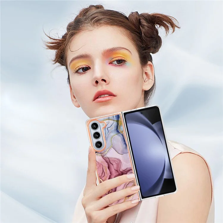YB IMD Series-16 Style-E For Samsung Galaxy Z Fold5 5G TPU Case 2.0mm TPU Marble Pattern Cover - Rose Gold