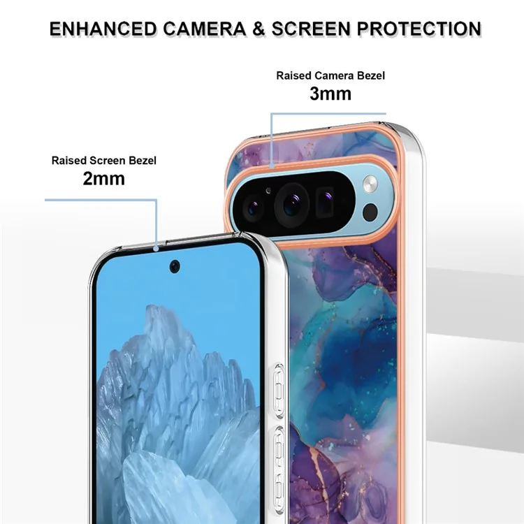 YB IMD Series-16 Style-E For Google Pixel 9 / Pixel 9 Pro TPU Marble Pattern Case Electroplating Edge Phone Cover - Purple