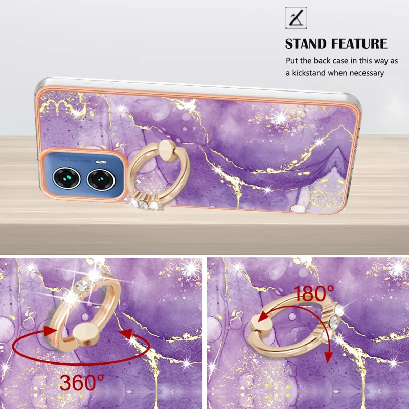 For Motorola Moto G45 5G / G34 5G Case with Ring Kickstand Marble Pattern Electroplating TPU Back Cover - Purple 002
