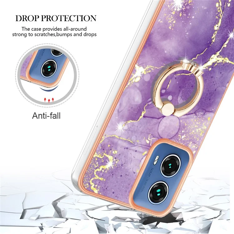 For Motorola Moto G45 5G / G34 5G Case with Ring Kickstand Marble Pattern Electroplating TPU Back Cover - Purple 002