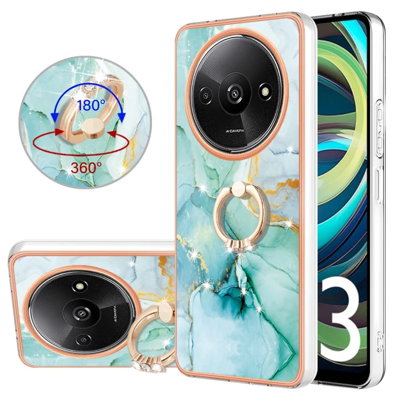 For Xiaomi Redmi A3 / Poco C61 4G Case with Ring Kickstand Marble Pattern Electroplating TPU Back Cover - Green 003