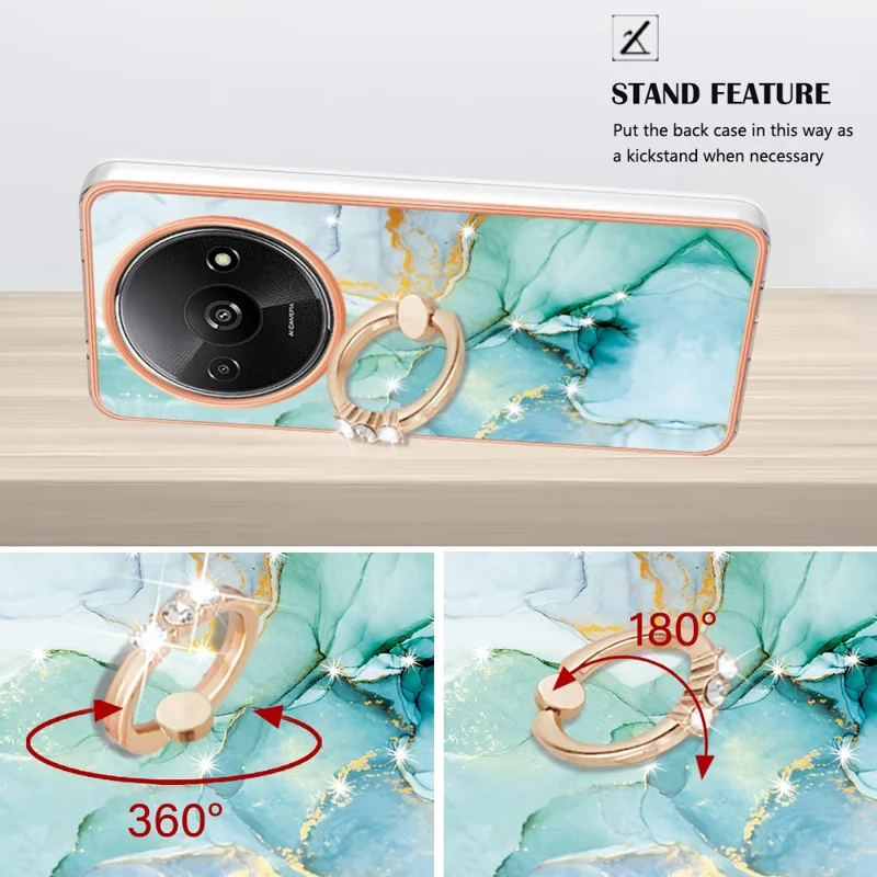 For Xiaomi Redmi A3 / Poco C61 4G Case with Ring Kickstand Marble Pattern Electroplating TPU Back Cover - Green 003