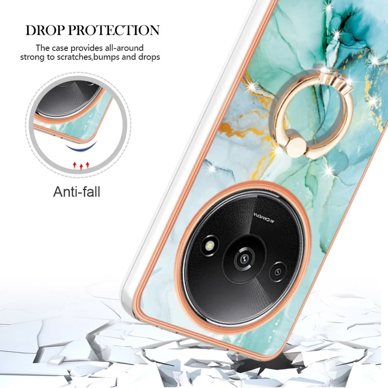 For Xiaomi Redmi A3 / Poco C61 4G Case with Ring Kickstand Marble Pattern Electroplating TPU Back Cover - Green 003