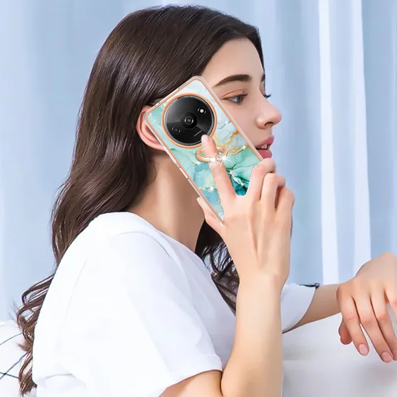 For Xiaomi Redmi A3 / Poco C61 4G Case with Ring Kickstand Marble Pattern Electroplating TPU Back Cover - Green 003