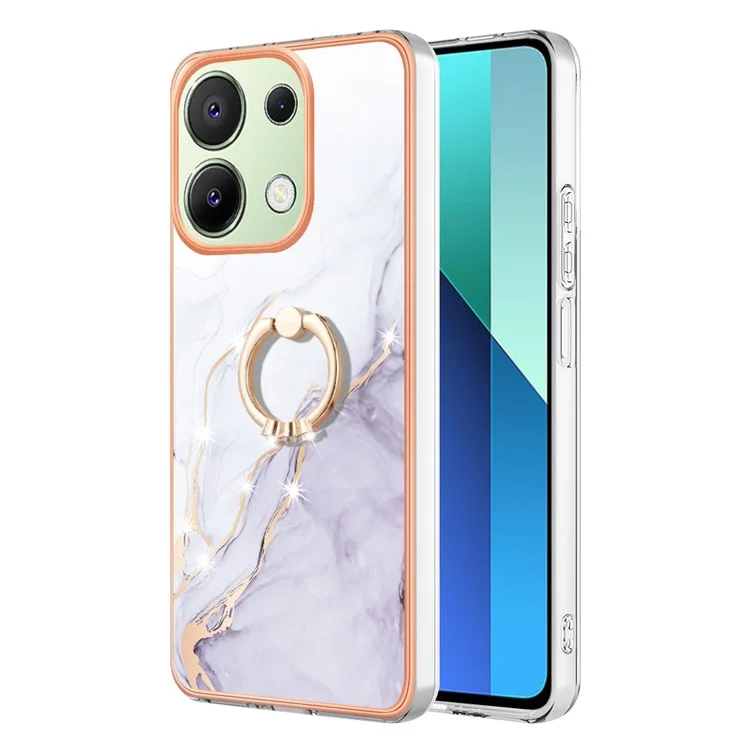 For Xiaomi Redmi Note 13 4G Case with Ring Kickstand Marble Pattern Electroplating TPU Back Cover - White 006