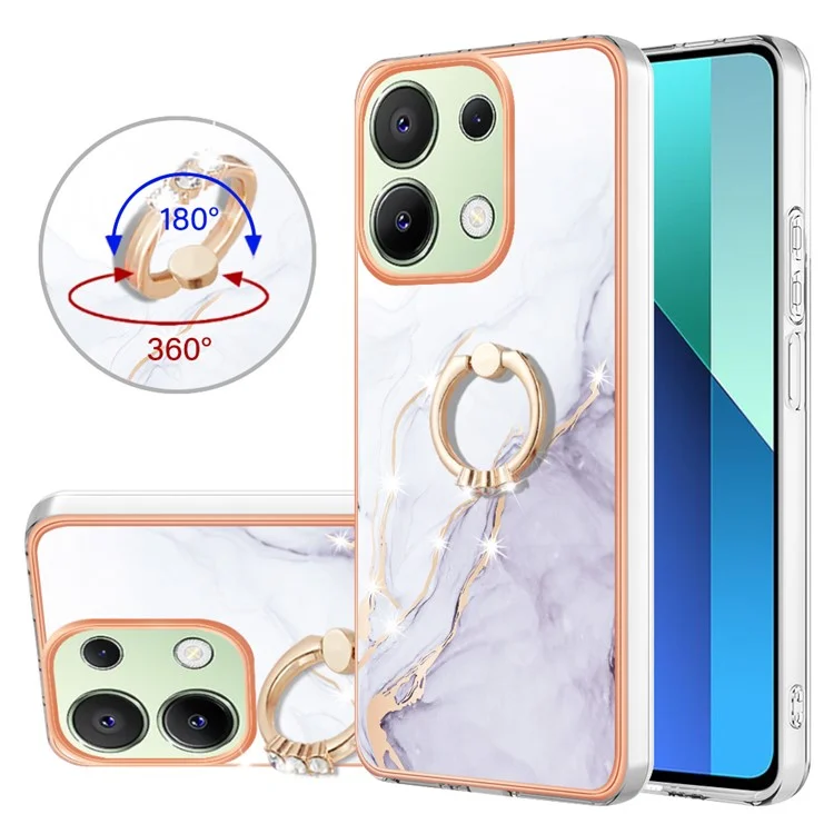 For Xiaomi Redmi Note 13 4G Case with Ring Kickstand Marble Pattern Electroplating TPU Back Cover - White 006