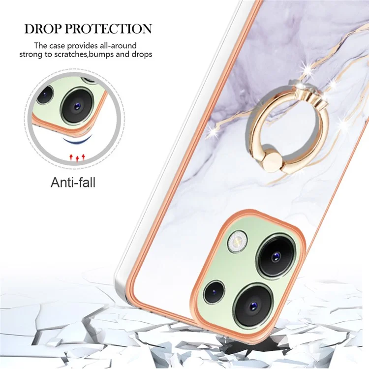 For Xiaomi Redmi Note 13 4G Case with Ring Kickstand Marble Pattern Electroplating TPU Back Cover - White 006