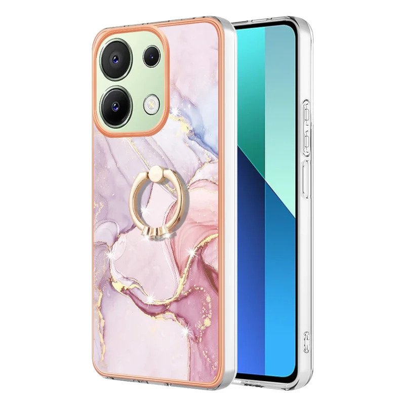 For Xiaomi Redmi Note 13 4G Case with Ring Kickstand Marble Pattern Electroplating TPU Back Cover - Rose Gold 005