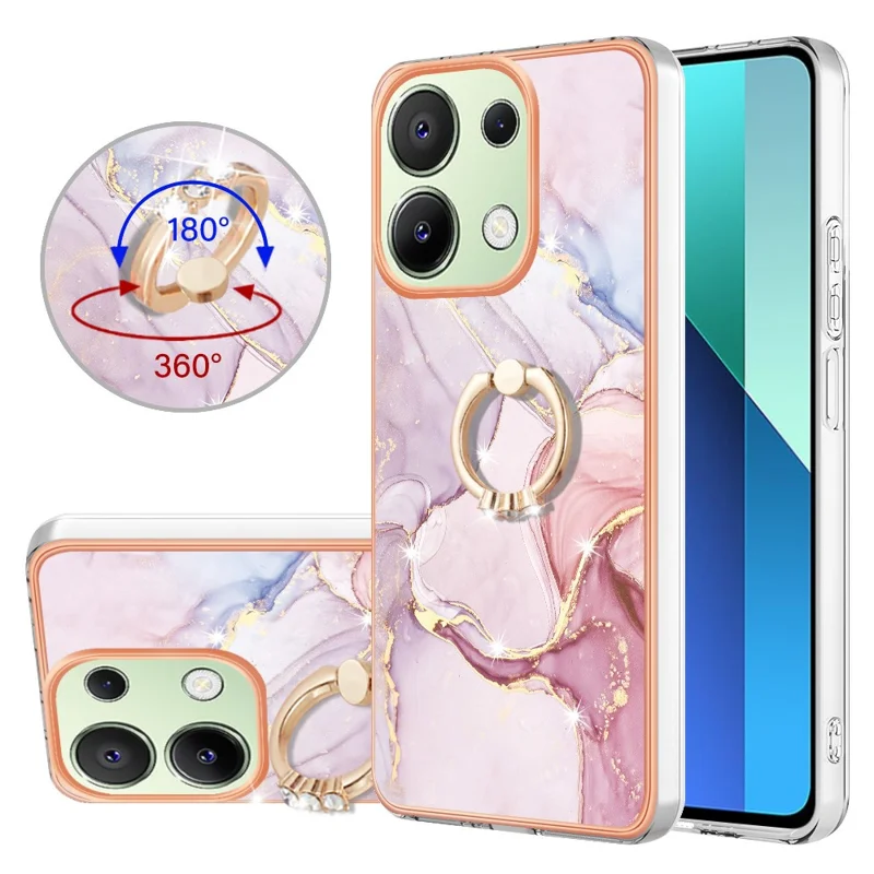 For Xiaomi Redmi Note 13 4G Case with Ring Kickstand Marble Pattern Electroplating TPU Back Cover - Rose Gold 005