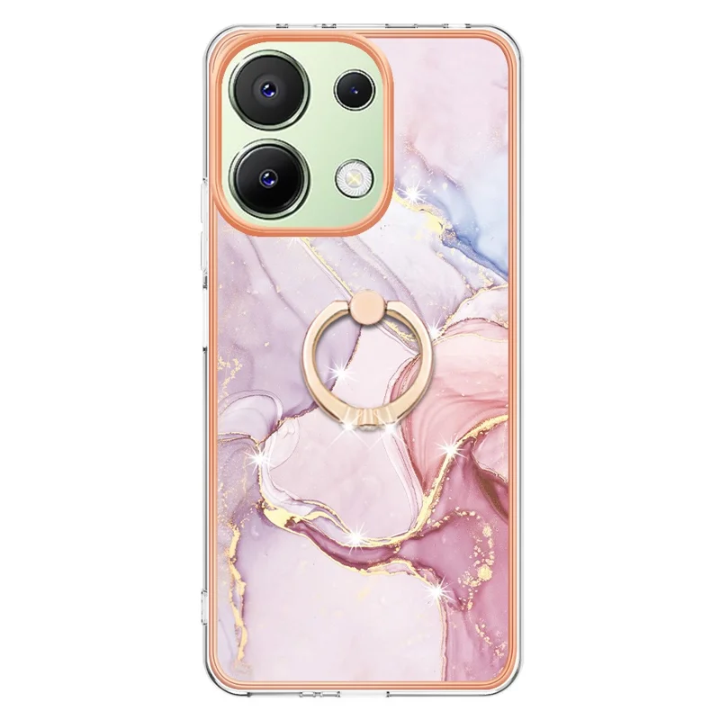 For Xiaomi Redmi Note 13 4G Case with Ring Kickstand Marble Pattern Electroplating TPU Back Cover - Rose Gold 005